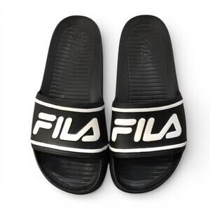 FILA Slides Slip-on Sandals Sz 7 Black and White Retro Athletic Athleisure